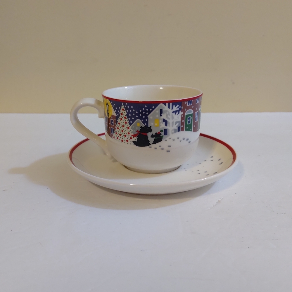 Noritake Holiday Porcelain Cup & Saucer Christmas Village Snow Scene Scottie Dog